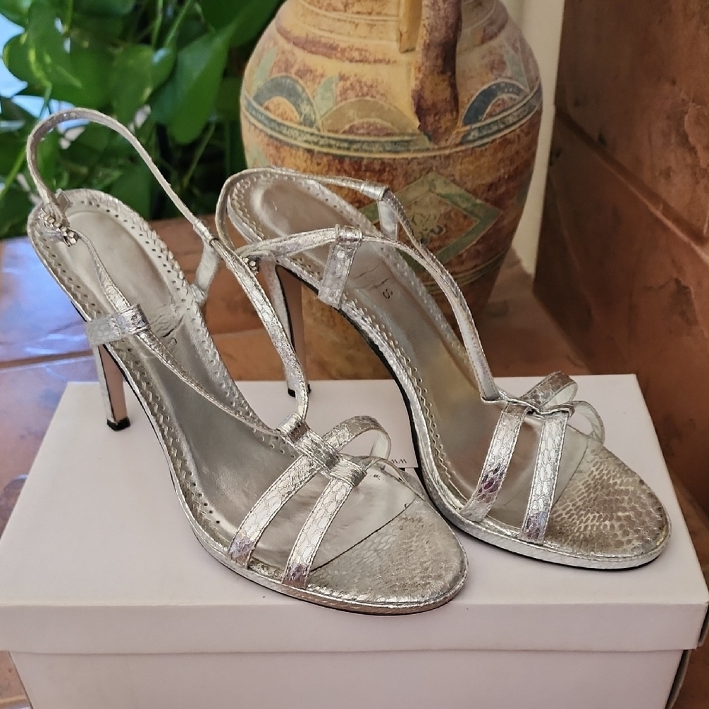 CAPARROS Silver Metallic Strappy Heels